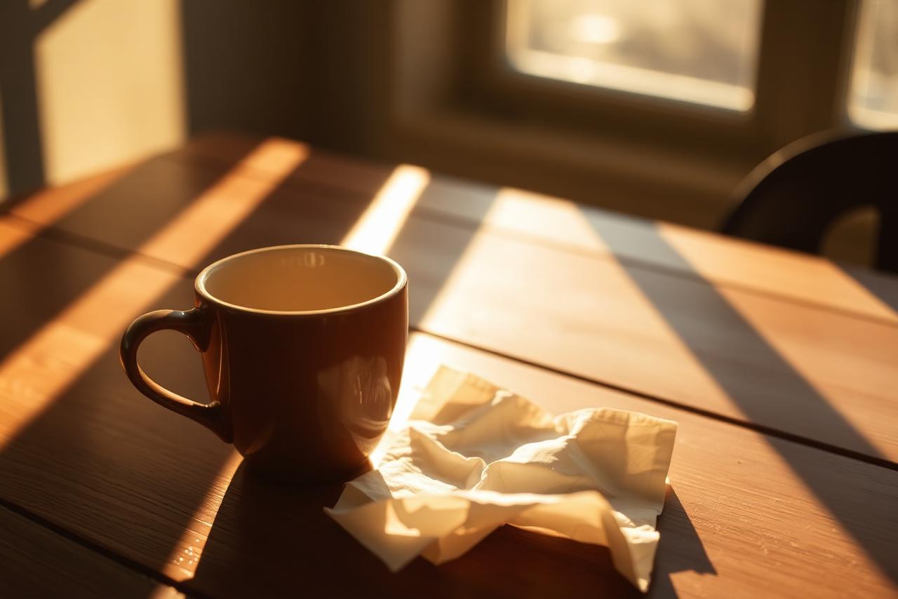 An empty coffee cup and crumpled napkin on a wooden table in long late-afternoon sunlight