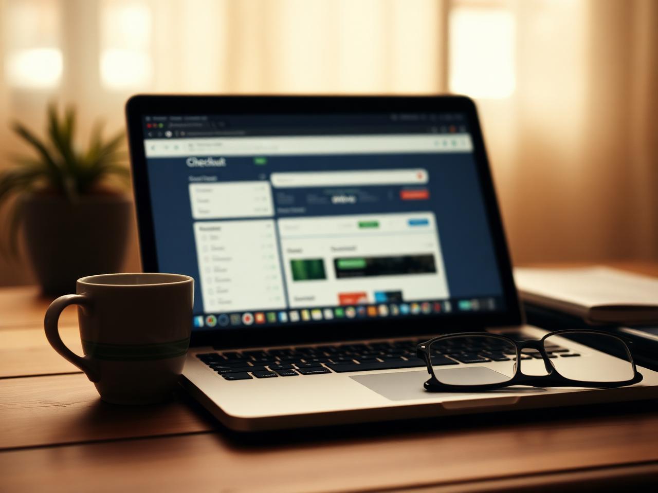 A laptop showing a blurred checkout page beside a coffee cup and reading glasses on a wooden desk