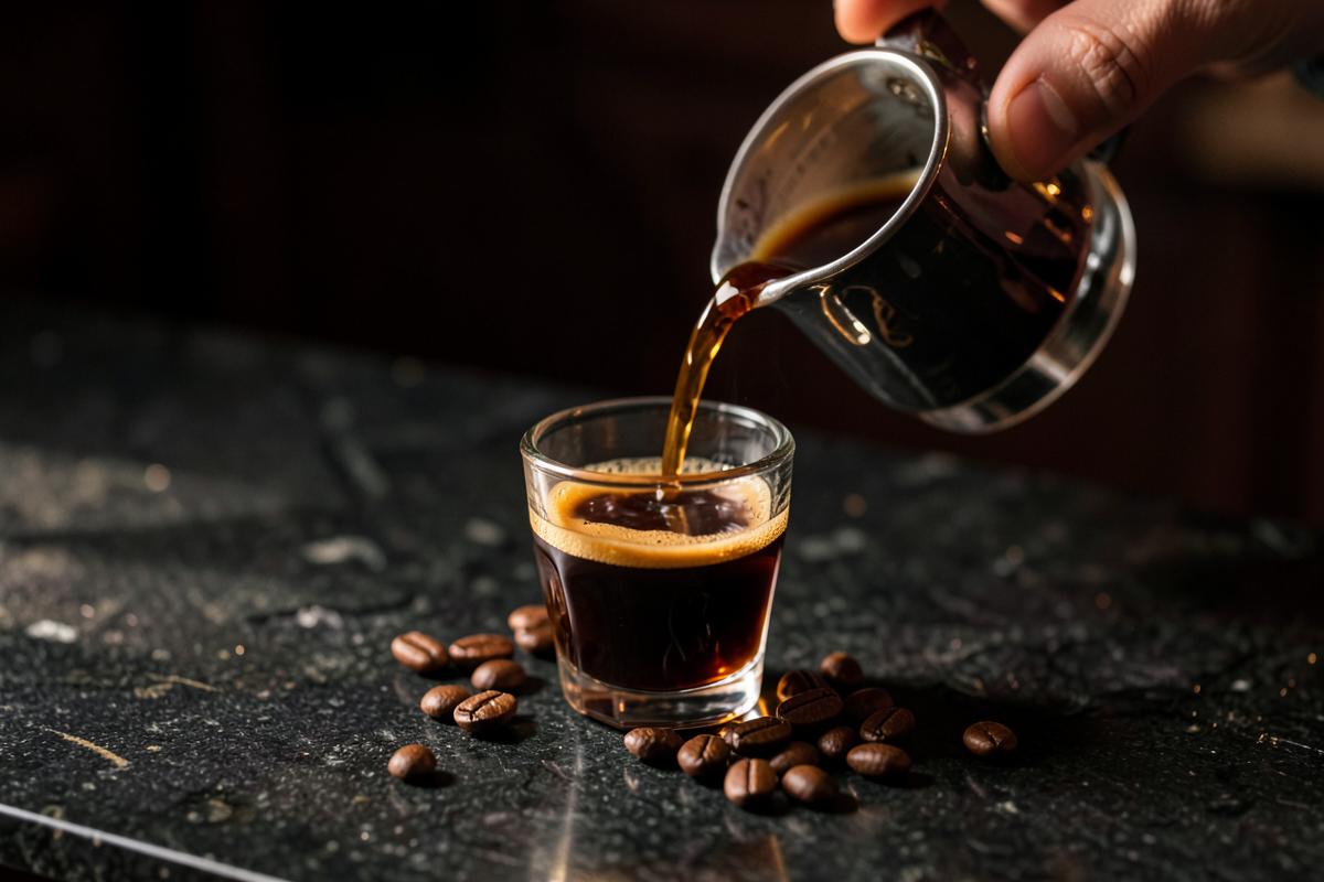 Dark coffee being poured into a small glass cup beside scattered roasted beans on a stone counter
