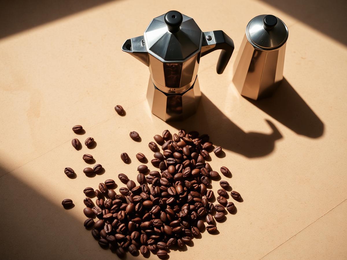 A stovetop moka pot beside scattered roasted coffee beans on warm stone in dramatic side light