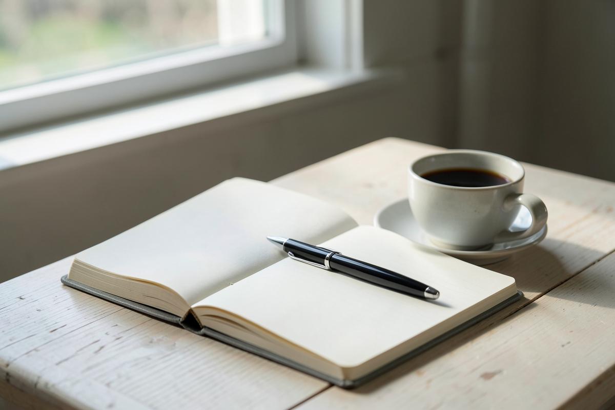 An open notebook and pen beside a cup of black coffee on a pale wooden desk in window light