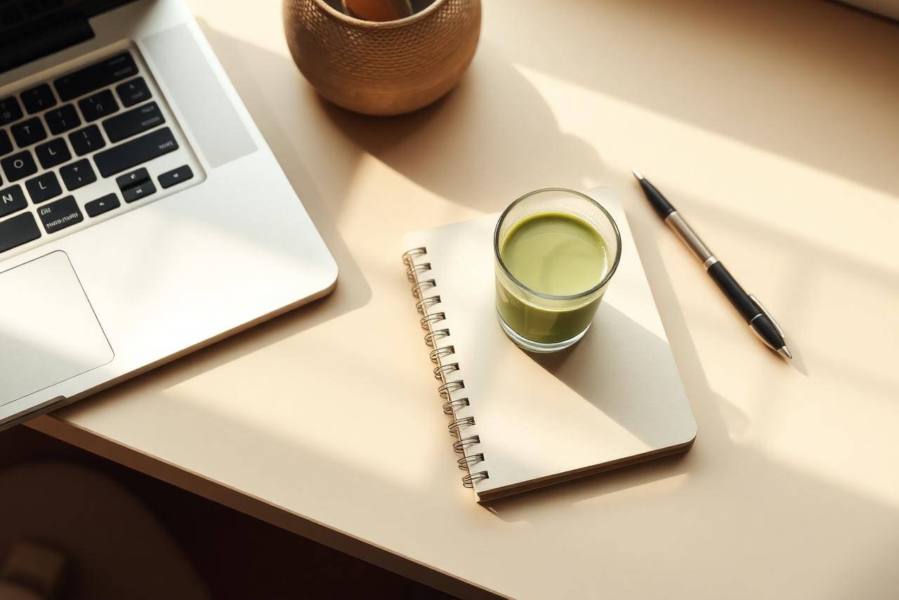 A small green drink on a notebook beside a laptop and pen on a warm cream desk in soft daylight