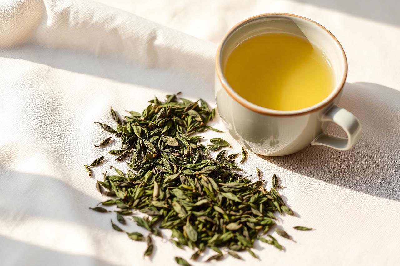 Loose green tea leaves beside a pale ceramic cup of green tea on cream linen in morning light