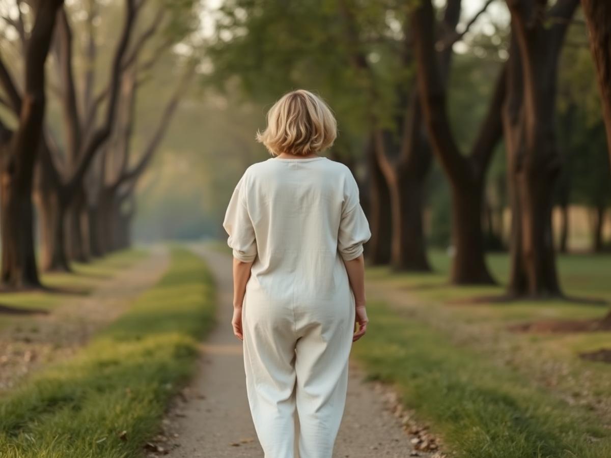 A person in cream linen clothing walking away along a quiet tree-lined path in soft morning light