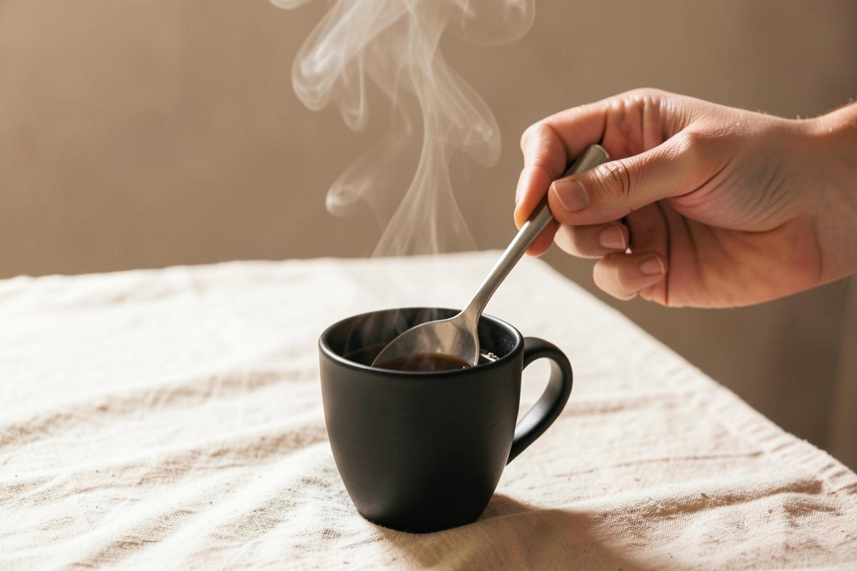 A hand stirring a spoon in a steaming black cup of coffee on cream linen in soft morning light