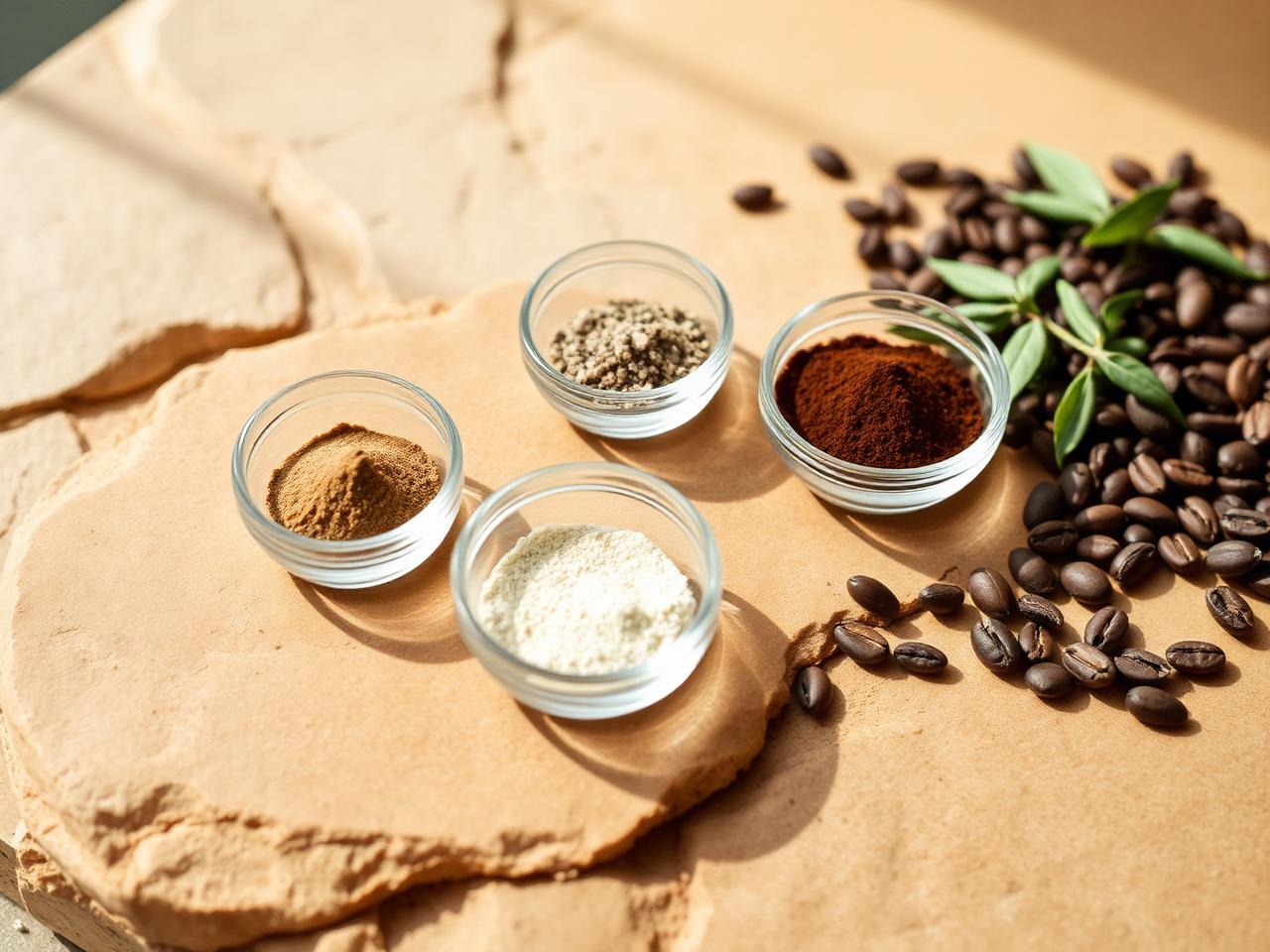 Small glass bowls of powdered supplement ingredients on warm stone beside coffee beans and green leaves