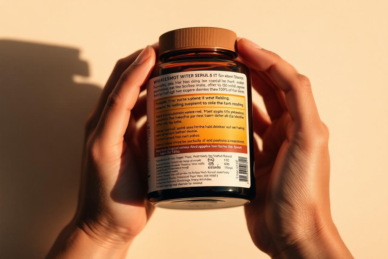 Two hands holding an amber supplement jar, turning it to read the back panel against a cream wall