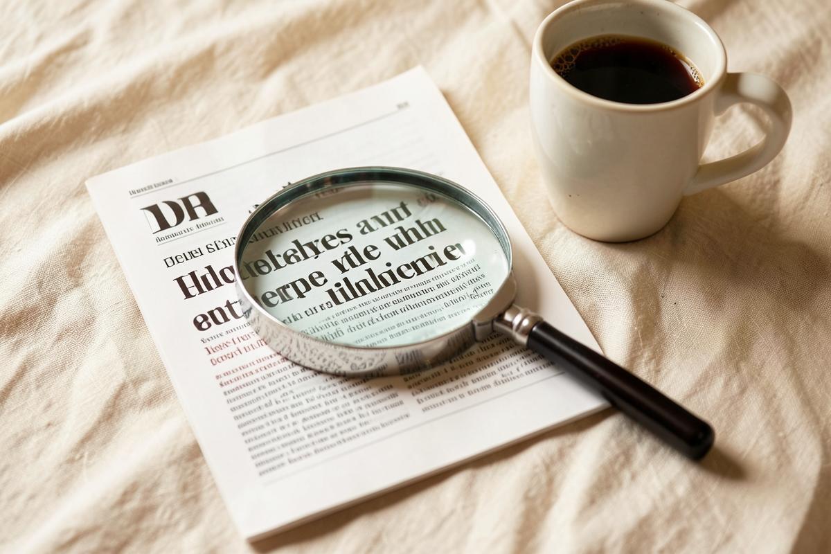 A magnifying glass resting on a printed page beside a cup of coffee on cream linen