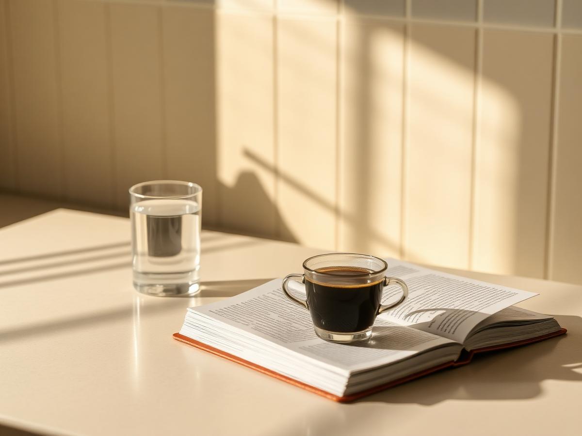 A glass of water and a small cup of black coffee on an open book in warm morning sunlight