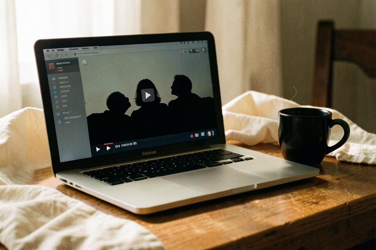 A laptop on a wooden desk showing a paused video presentation beside a black coffee cup in morning light