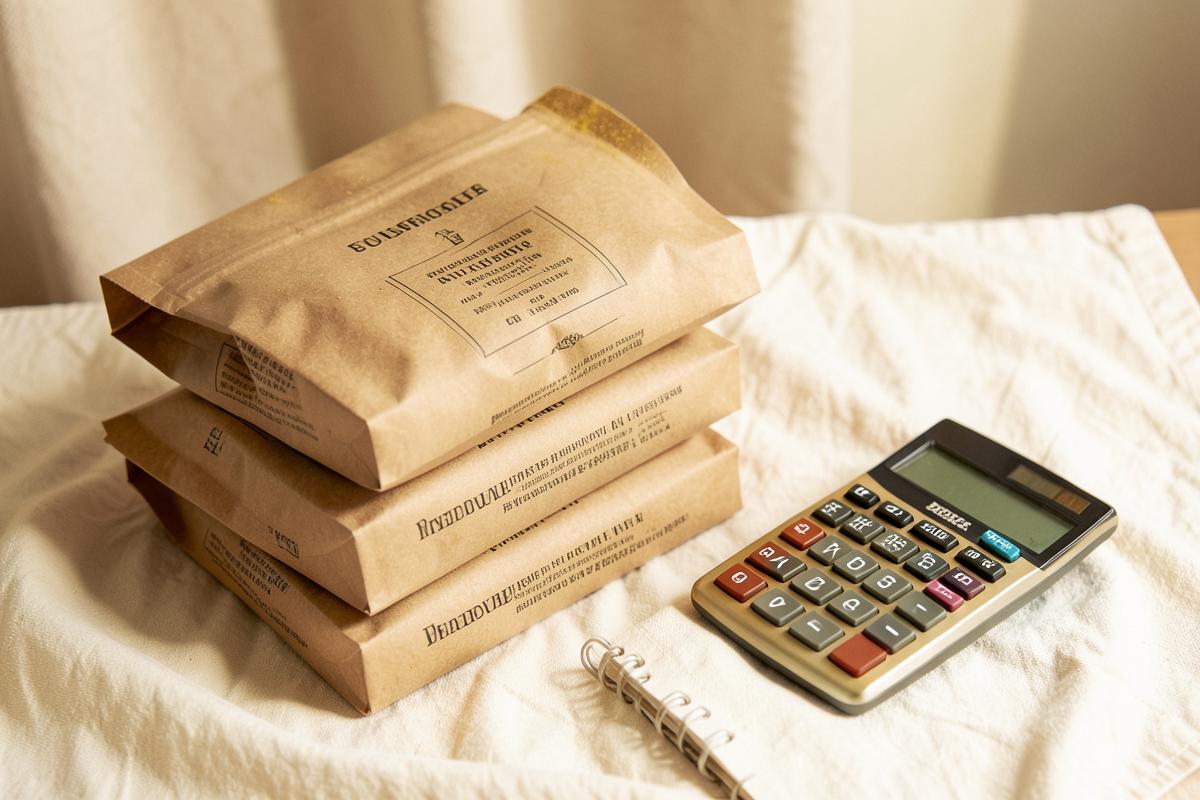 Three stacked kraft paper pouches of golden powder beside a calculator and notebook on cream linen