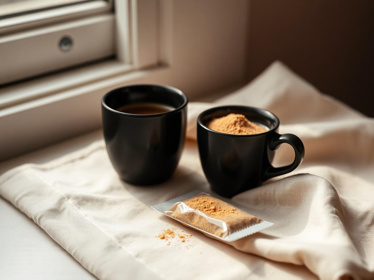 A sachet of golden powder beside two black coffee cups on cream linen in soft morning light
