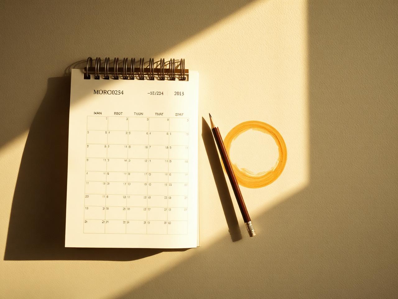 A wall calendar page beside a pencil and a coffee ring stain in warm morning light
