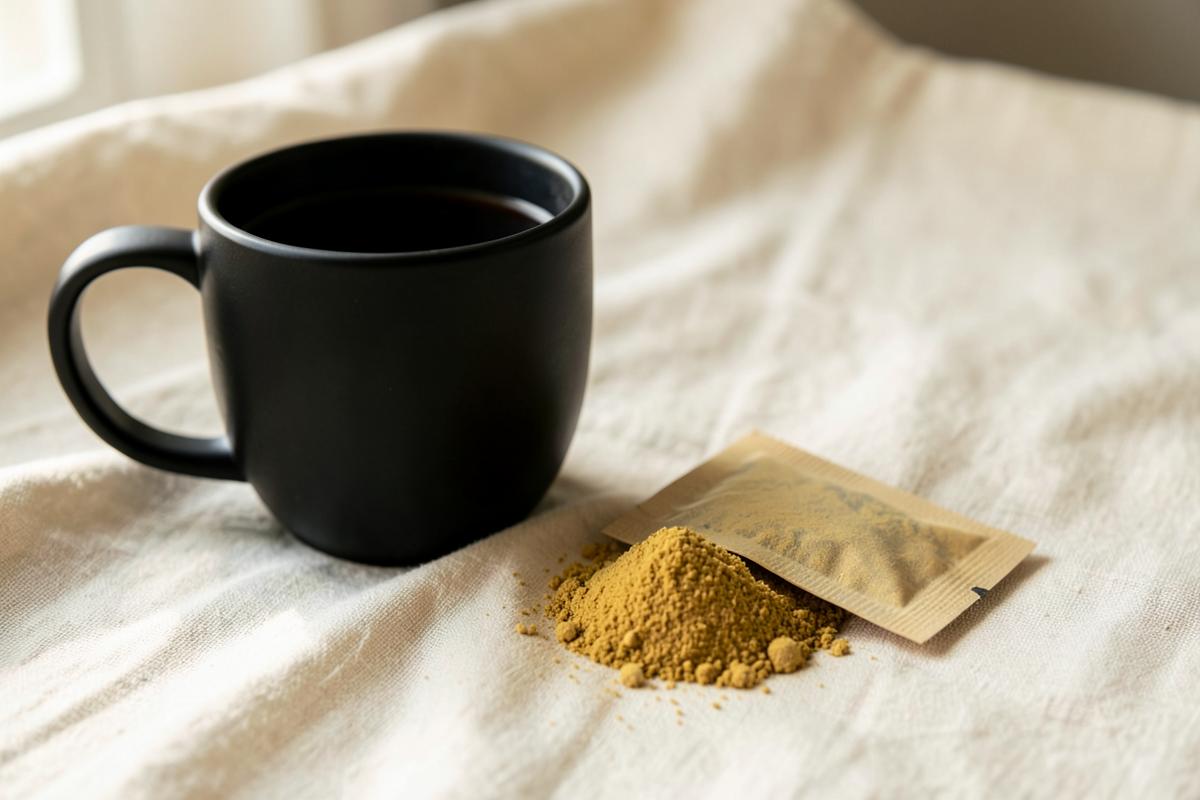 A sachet of golden powder poured beside a black ceramic coffee cup on cream linen
