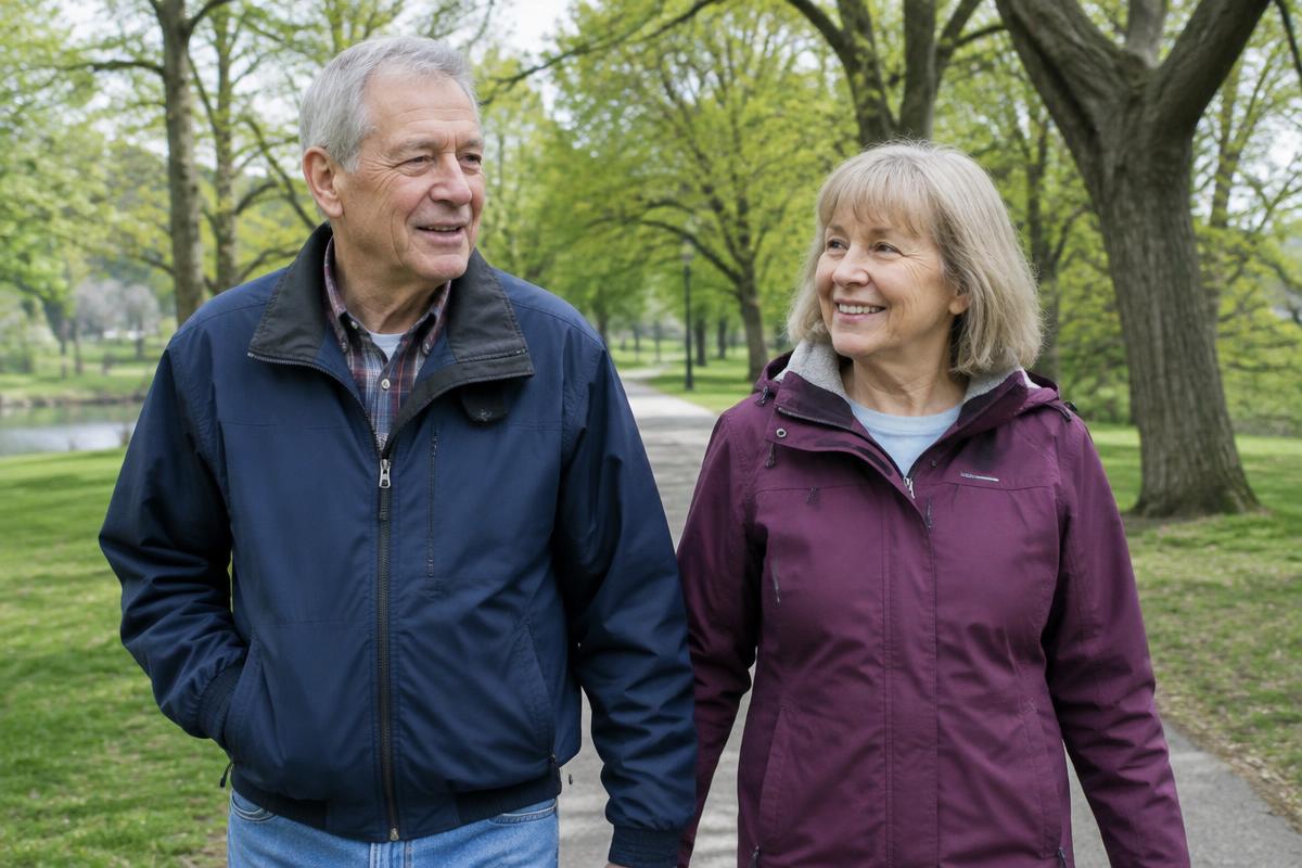 An older couple walking together in a neighborhood park