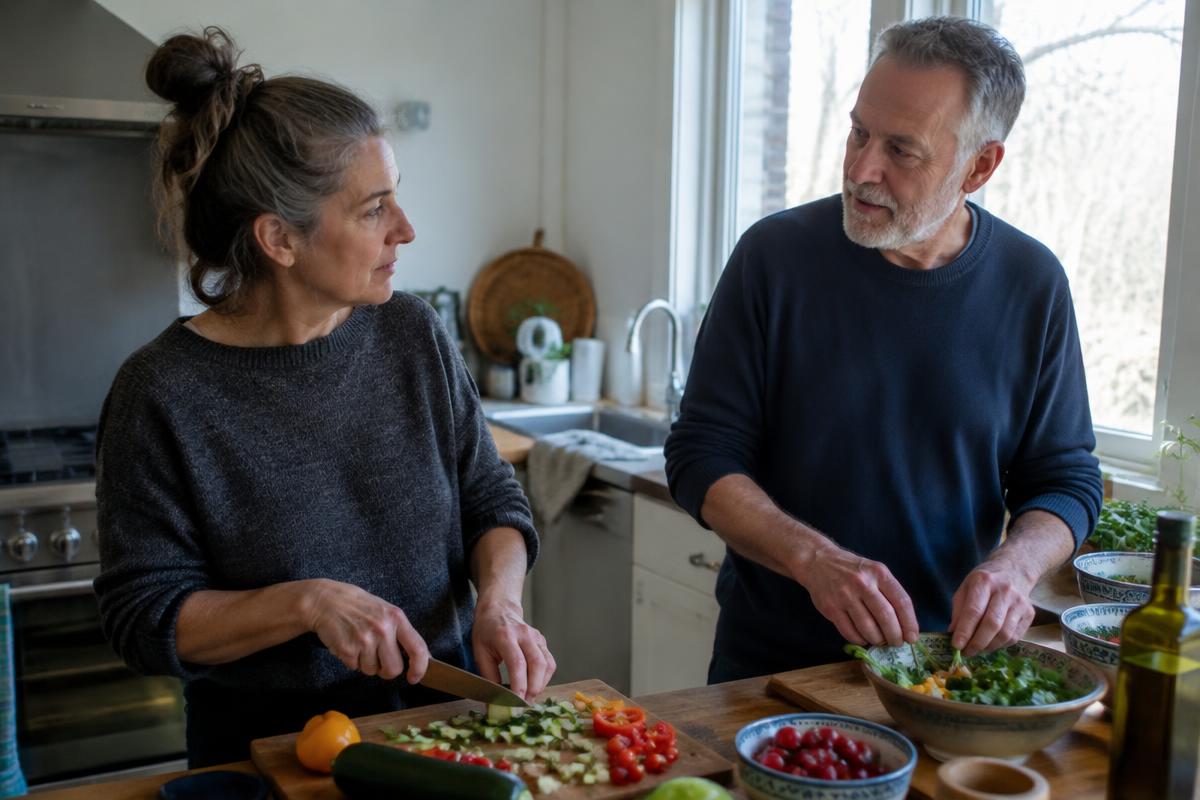 Two adults preparing vegetables and talking in a home kitchen