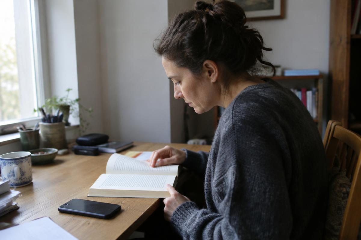 A woman reading a book with her phone set aside