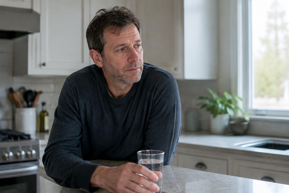 A man pausing with a glass of water in his kitchen