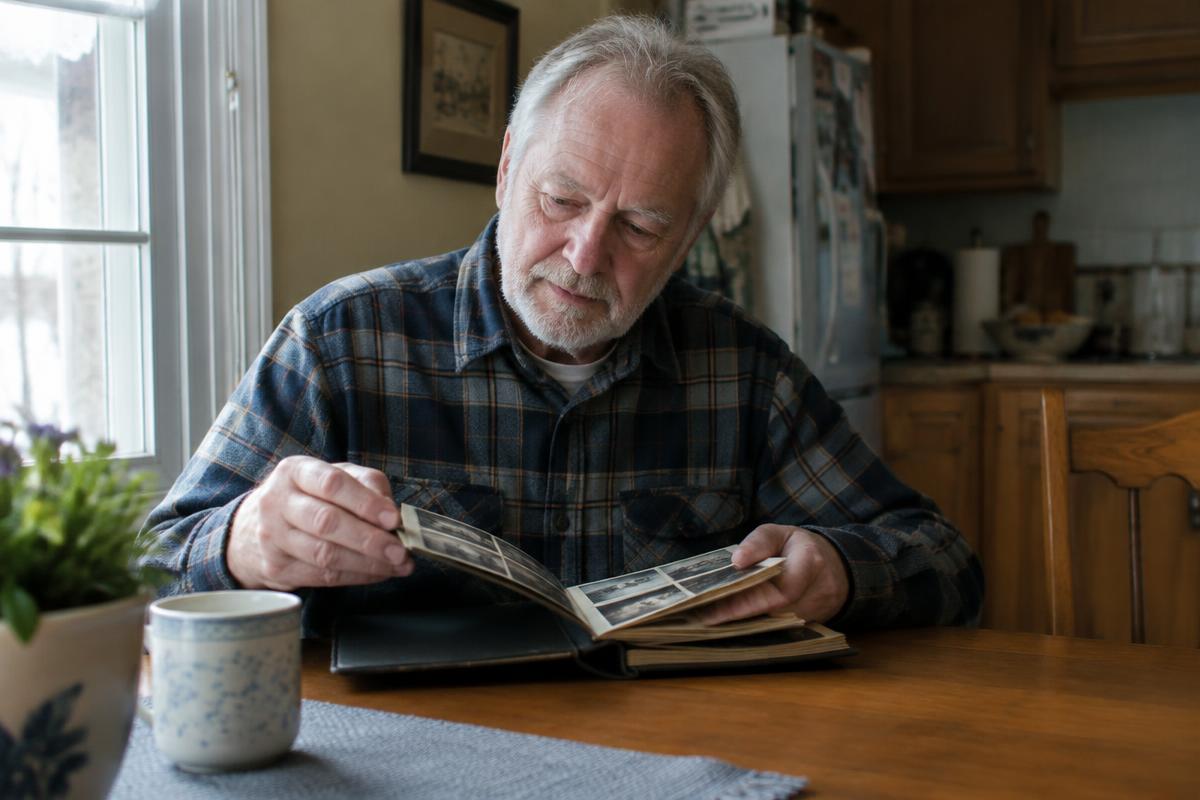 An older man looking through a family photo album at home