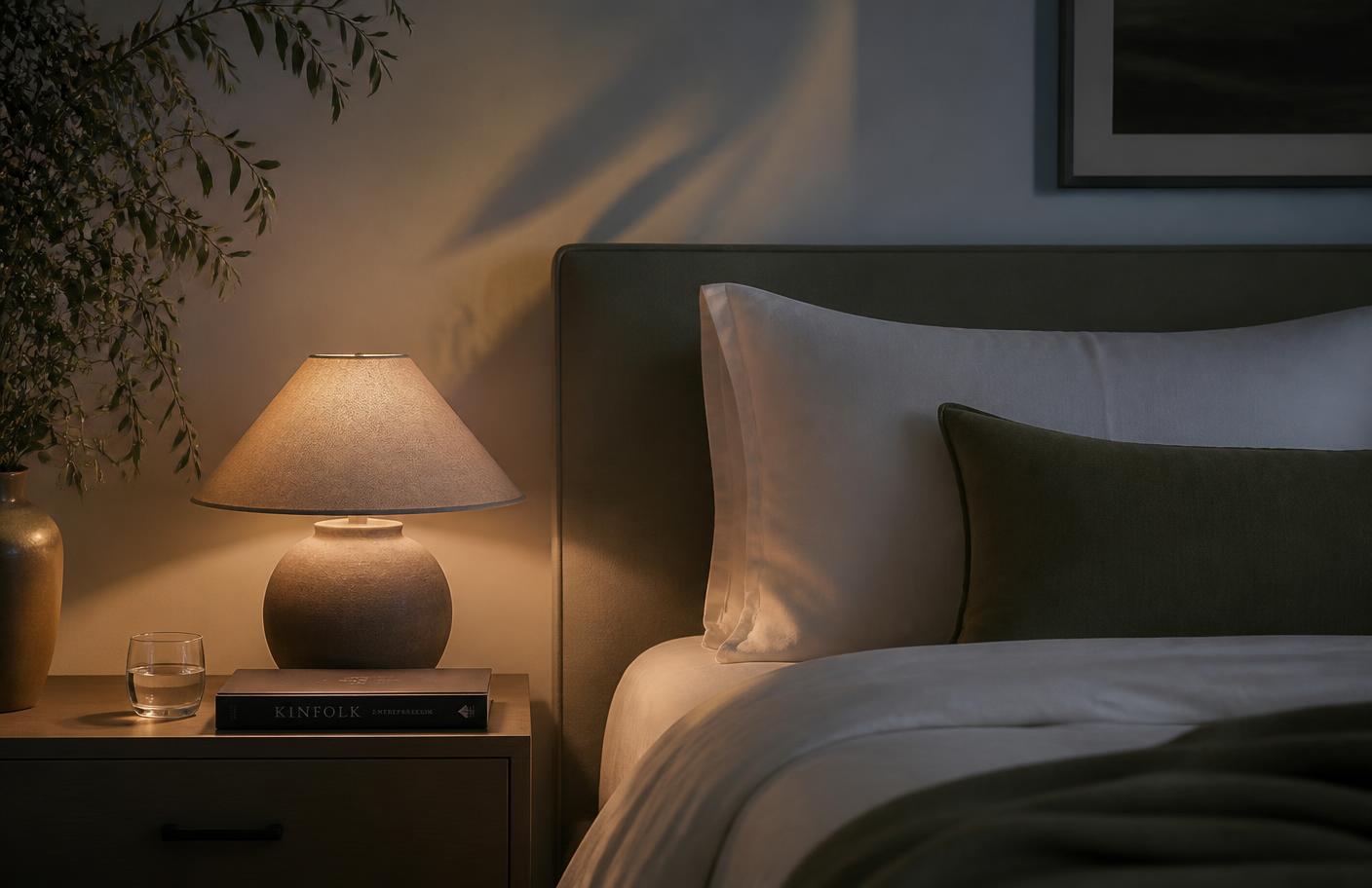 A quiet bedroom with a bedside lamp lit for the evening