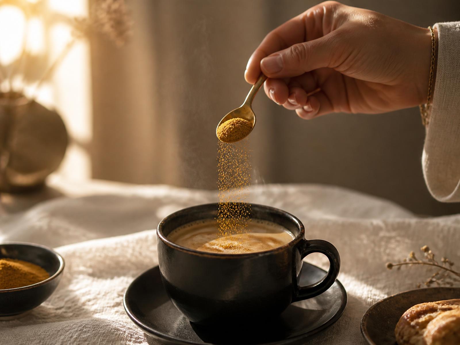 A hand spooning a fine golden powder into a black ceramic cup of coffee on cream linen in morning light