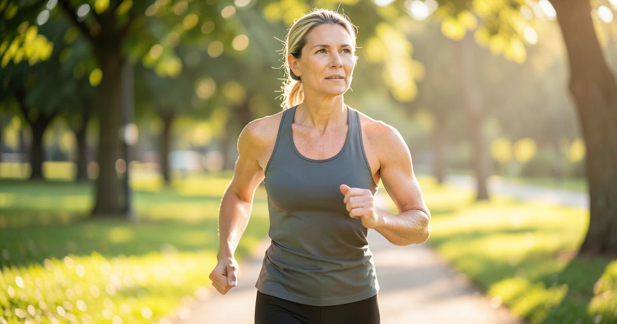Active woman in her 40s jogging in a sunny park